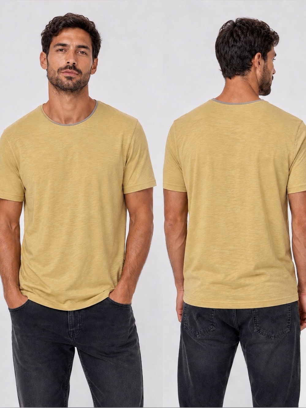 Van Heusen Yellow Crewneck T-Shirt w/ Gray Collar Trim – Size Medium